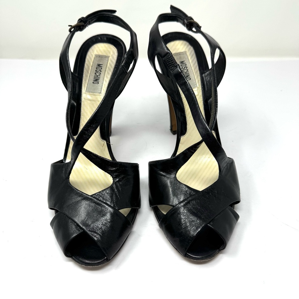 MOSCHINO black leather peep toe heels, made in Italy, size 40